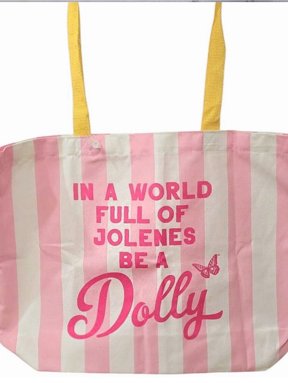 New Pink & White Striped Tote with Yellow Handles - "Be a Dolly" Print